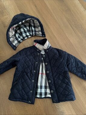Burberry Navy Quilted Kids Jacket with Detachable Hood and Check Lining